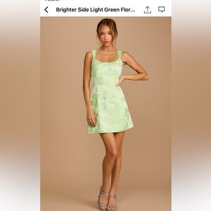 Lulu’s Brighter Side Light Green Floral Satin Jacquard Mini Dress; Size: Medium